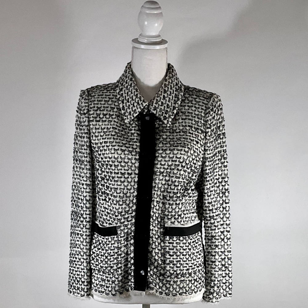 St. John Knits Black White Grey Button-Up Jacket Luxury Designer Size 10